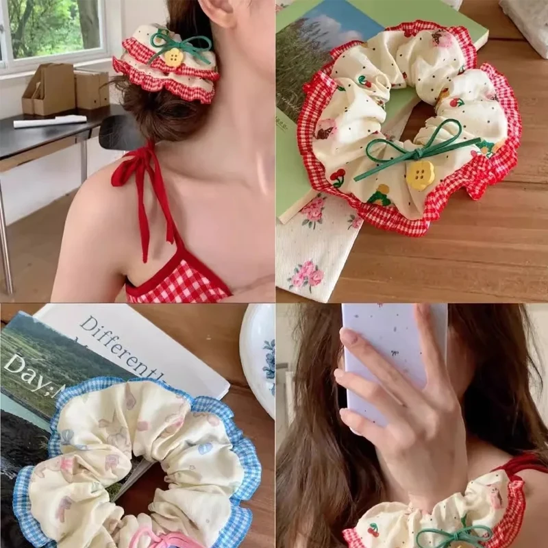 Cute Cherry Bear Fabric Lace Edge Hairband Female Bow Large Intestine Hairband High Elasticity Female Hairstring Hair Accessory - Image 3