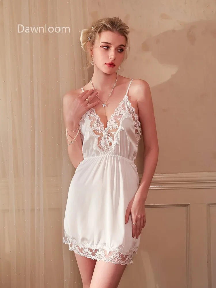 

Dawnloom Women's White Deep V Lace Silk Camisole Nightgown Waist-Defined Lace Trim Luxury Loungewear Sleepwear
