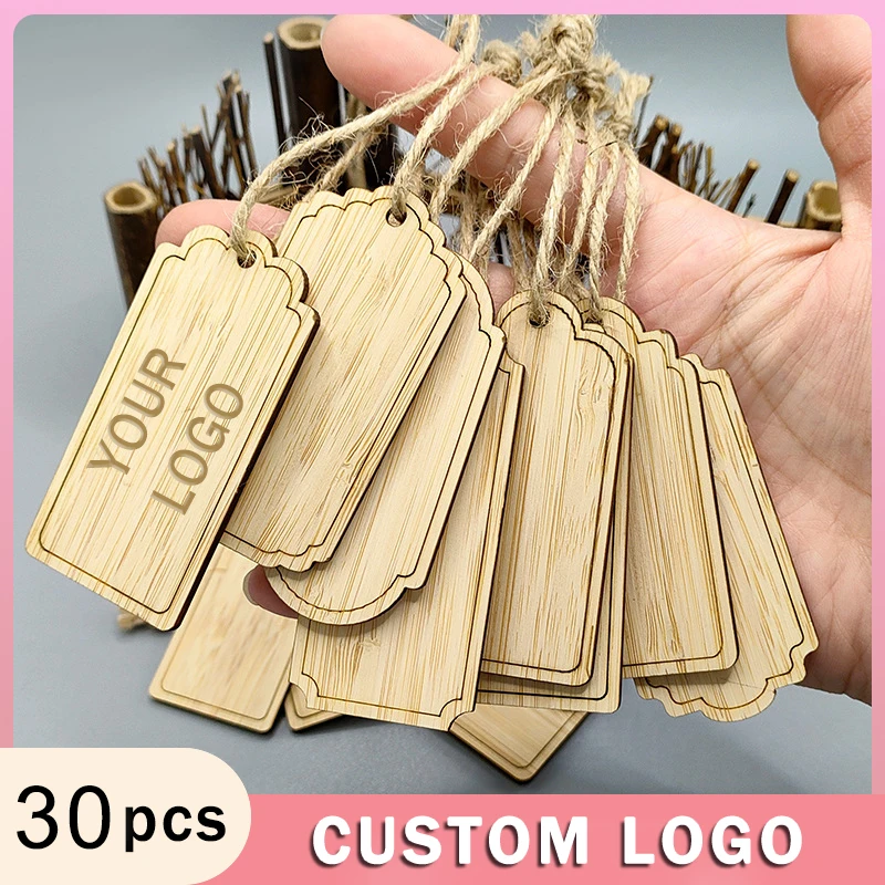 30Pcs Blank Square Bamboo Hang Tags Laser Engravable Custom Logo DIY Hanging Label for Gift Box Flower Basket Clothing Decor