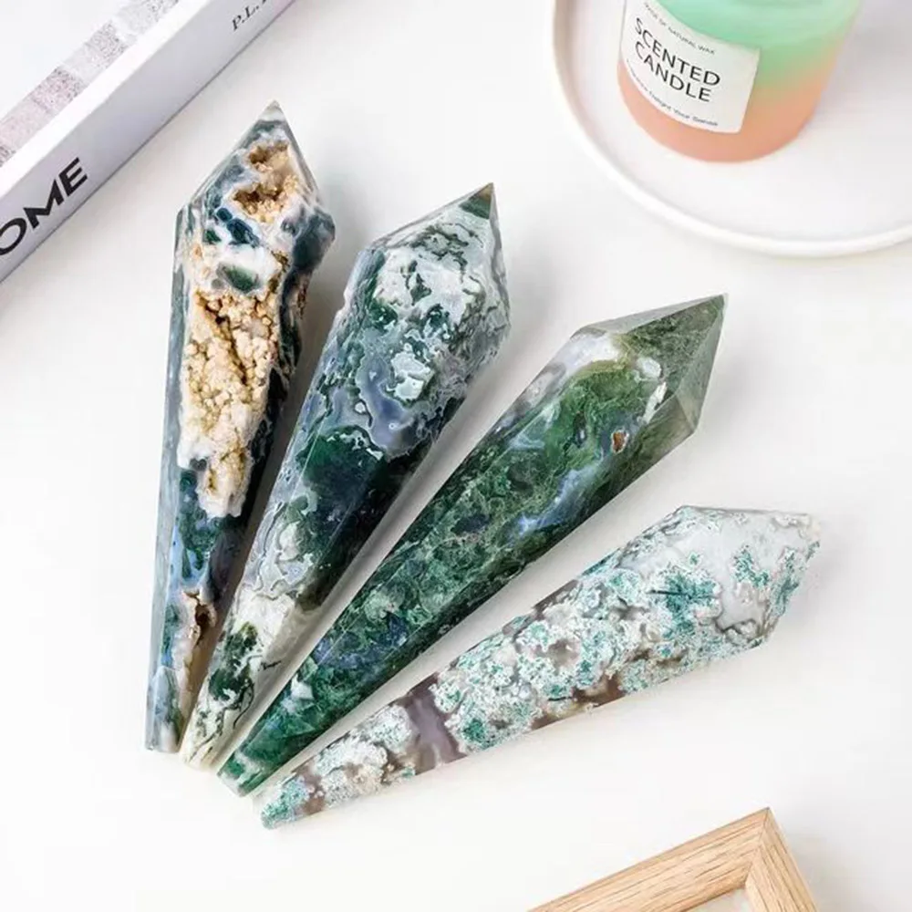 1Pc Rare Moss Agate Sceptre Quartz Druzy Natural Crystal Point Wand Tower Real Gemstone For FengShui Meditation Home Decor Gift