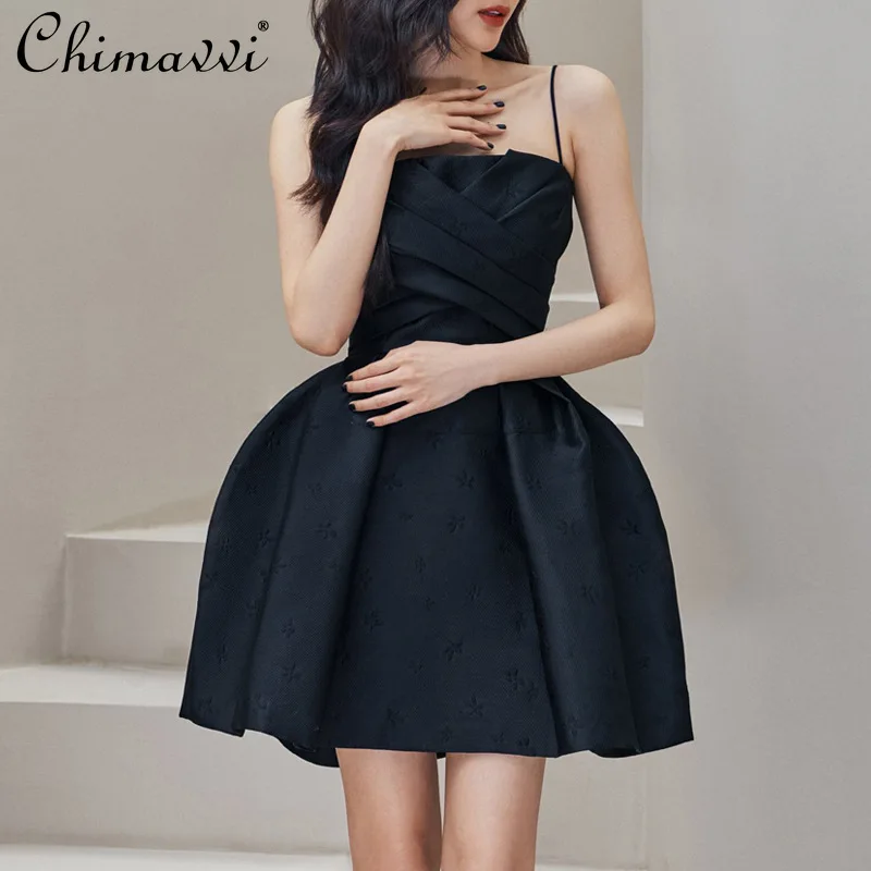 

2024 Summer New Socialite Elegant Sexy Sling Princess Dress High-End Ladies Solid Color Hepburn Style Above Knee Black Dress