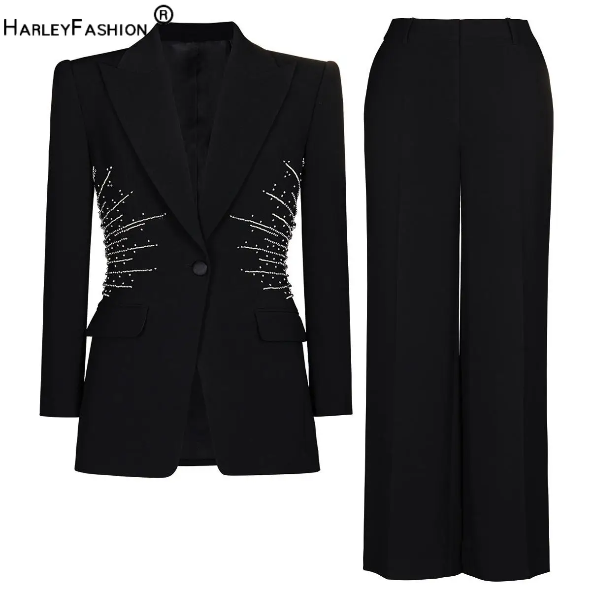 Fino acabamento strass grânulo senhora terno de escritório entalhado manga longa único botão blazer pernas largas calças femininas sólido 2 pçs