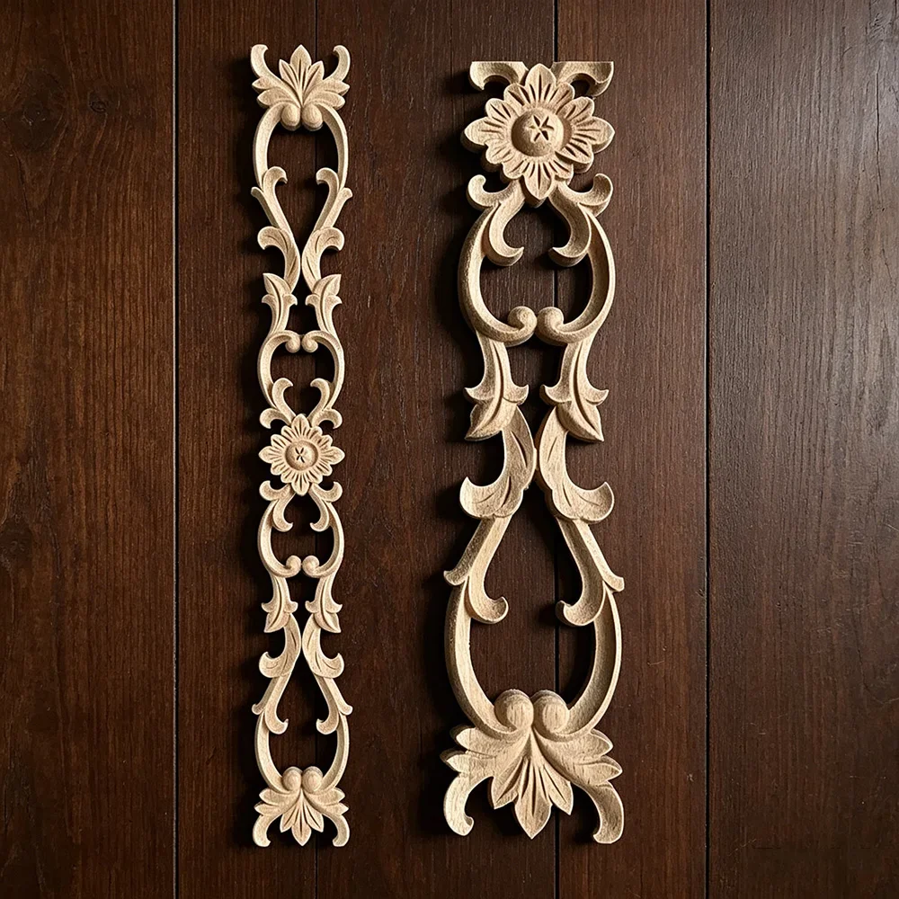 3PCS 48cm Vintage Unpainted Wood Carved Decal Applique Frame for Home Accessories Cabinet Door Decorative Wooden Miniature Craft
