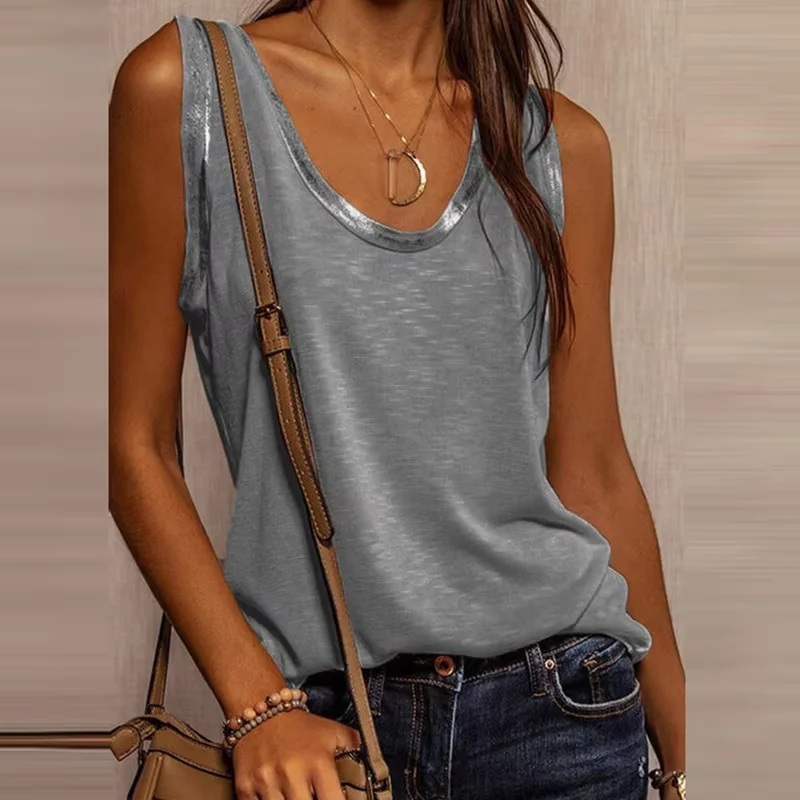 Nieuwe mouwloze patchwork chique dames tops dames zomer eenvoudige o hals losse blouse shirt casual basic truien blusas streetwear