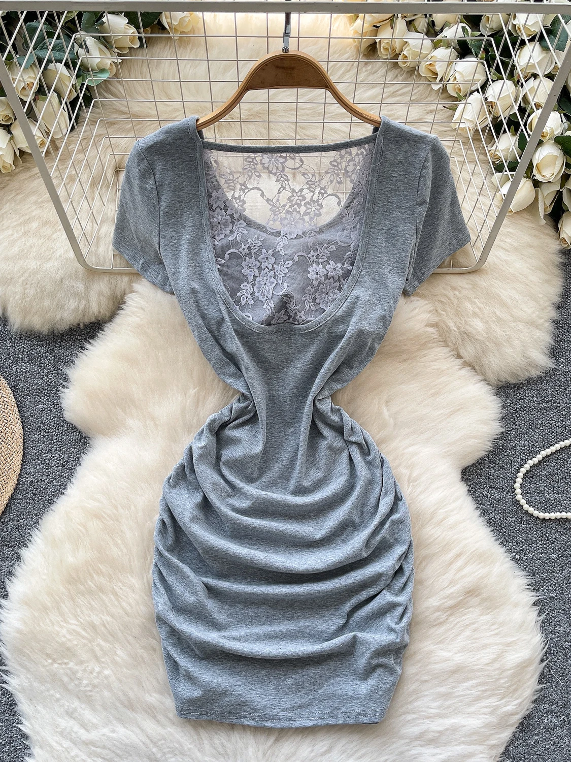 Foamlina todos os dias sexy manga curta camiseta vestido feminino verão plissado apertado renda retalhos sem costas vestido inferior casual