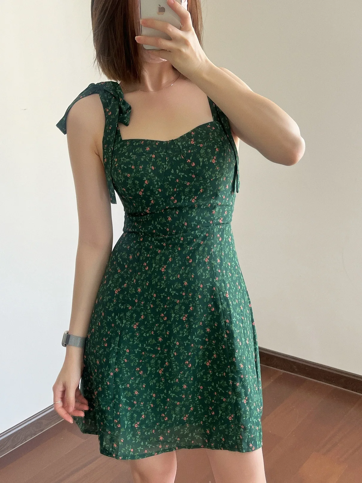 Mini Dresses French Style Retro Dark Green Floral Dress Women Summer Sweetheart Neckline Cinching Waist Slim A-line Short Dress