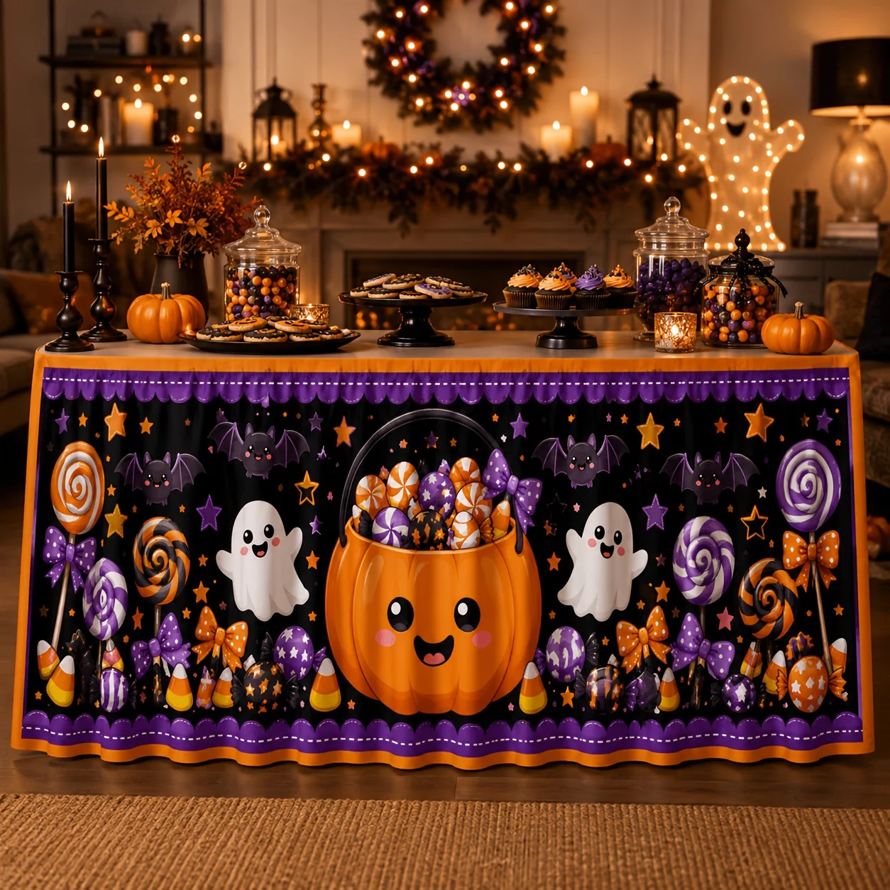 1 piece of tablecloth or table skirt - polyester, cute Halloween pumpkin bucket, ghost, bat, lollipopzyc