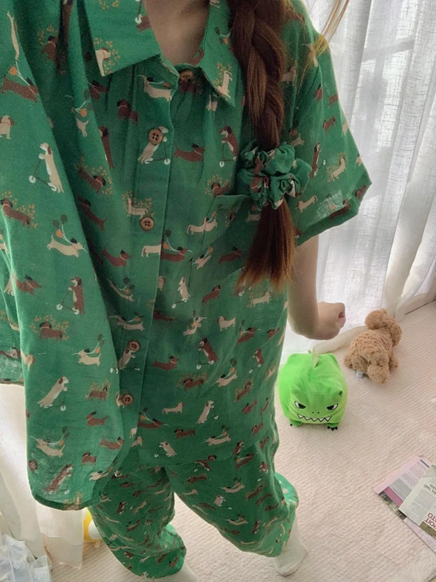 

Корейский Sle, милый мультяшный принт собаки, ort Sve Spwear, женский летний повседневный открытый кардиган, домашняя одежда, комплект больших размеров...