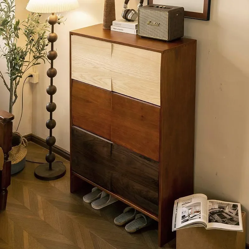 Medieval Style Solid Wood Flip Cover Shoe Cabinet Narrow Porch Storage Boxwood Retro Contrasting Color Entrance Hallway