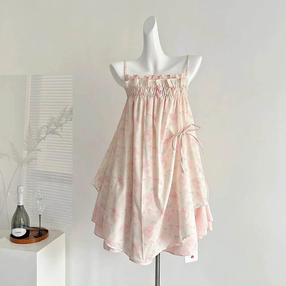 

Japan Sweet Little Butterfly Print Design Suspender Dress Summer New Loose Style Light Luxury Commuting