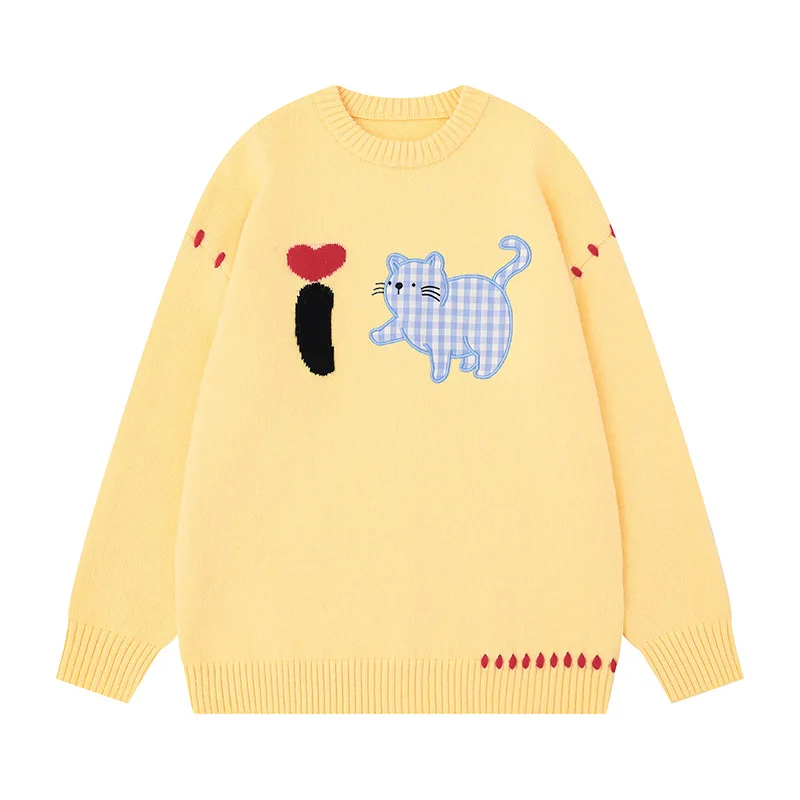 

Women Soft Waxy Pullovers Autumn Loose Round Neck Knitted Sweaters Winter Casual Lazy Style Tops Cotton Yellow Anime Cartoon