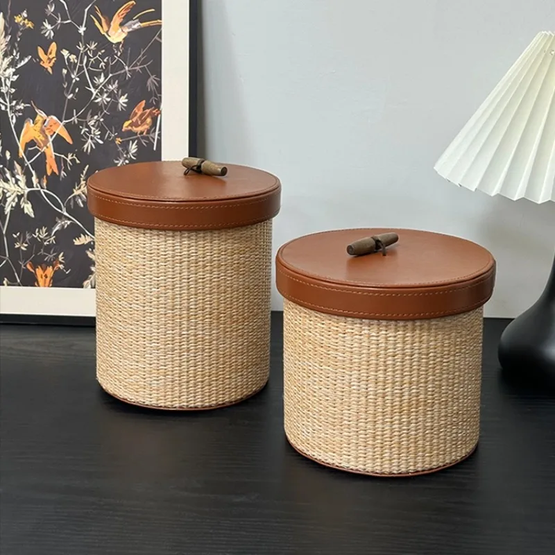 

Retro Rattan Desktop Storage Boxes Round Small Storage Bucket with Lid Living Room Table Multifunctional Sundries Sorting Box