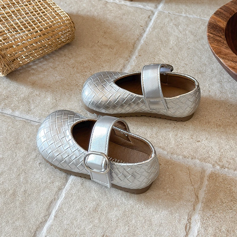 ids Woven Texture Mary Janes Single Circle Buckle Strap Soft Flat Non Slip Sole Three Tone Casual Princess Daily Dress Shoes