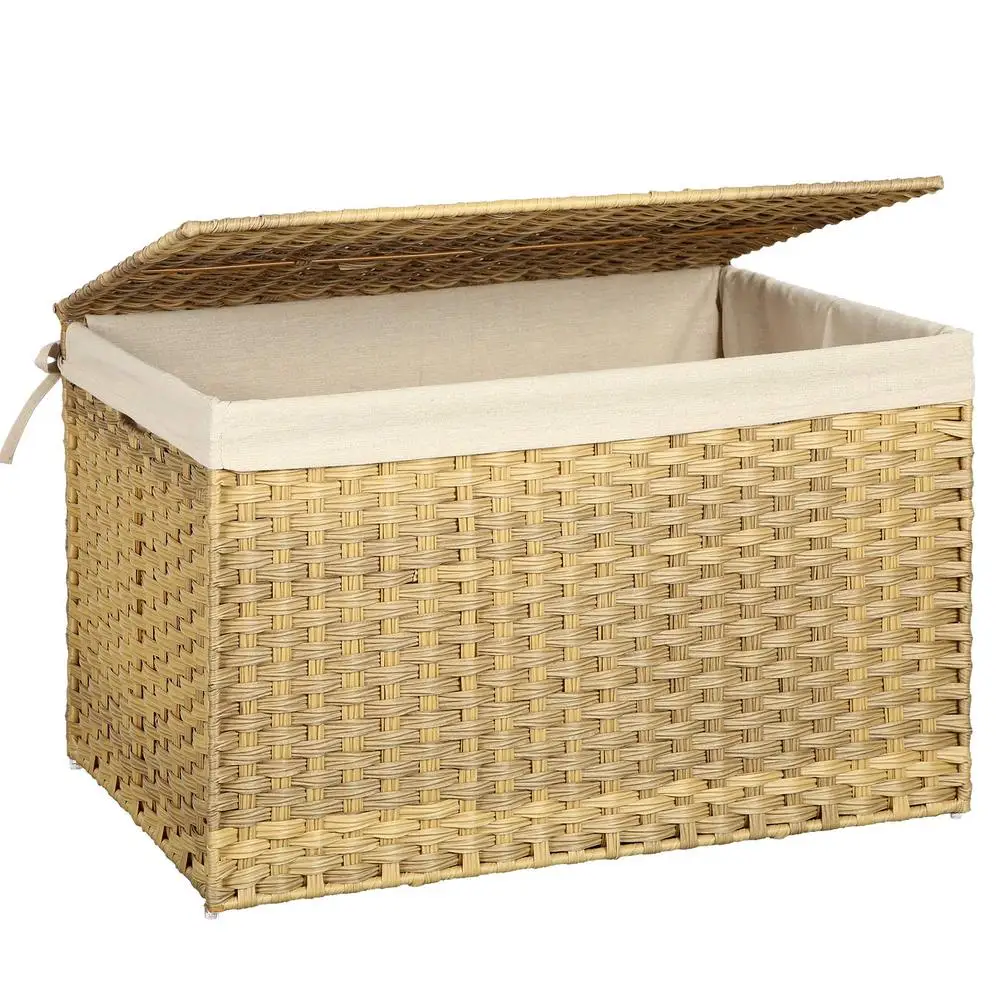 Storage Basket with Lid 42.3 Gallon 160L Storage Bin Woven Blanket Storage Basket with Handles Foldable Removable Liner Metal