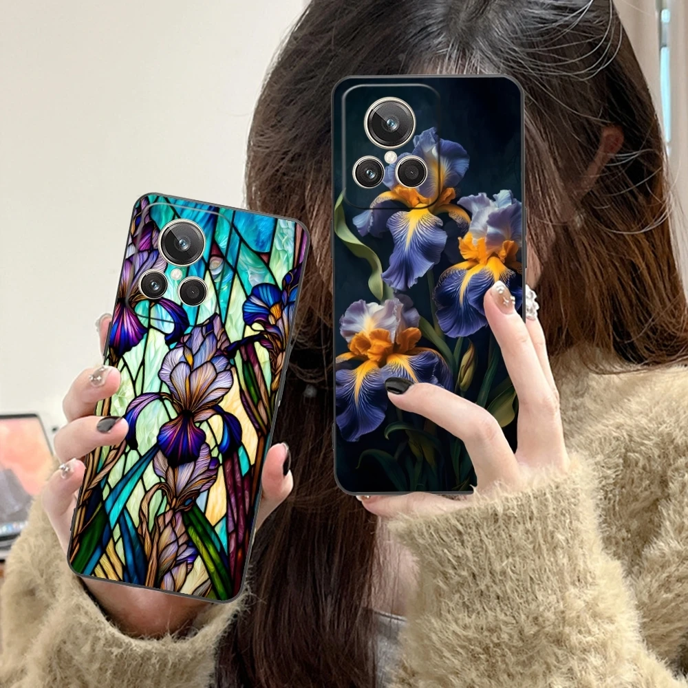 Iris Flower Pretty Mobile Cell Phone Case for Realme GT 2 9i 8i 7i Pro X50 X2 C35 C21 C20 C11 C3 Black Soft Phone Cover Shell