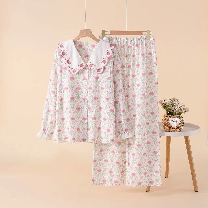 

Pastoral Style Pure Cotton Double-layer Gauze Pajamas for Women Adjustable Waist Confinement Clothes Pregnancy Breastfeeding
