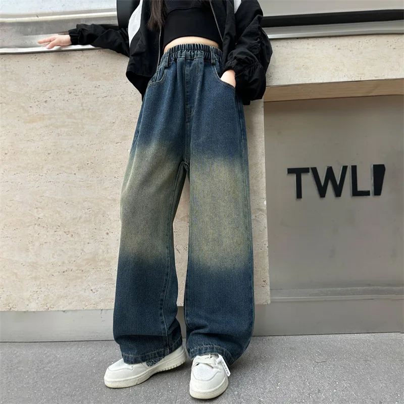 Teen Girls Webbing Straight Wide-leg Jeans Spring/Autumn Loose Medium and large Children's Casual Overalls hip-hop Youth Sports