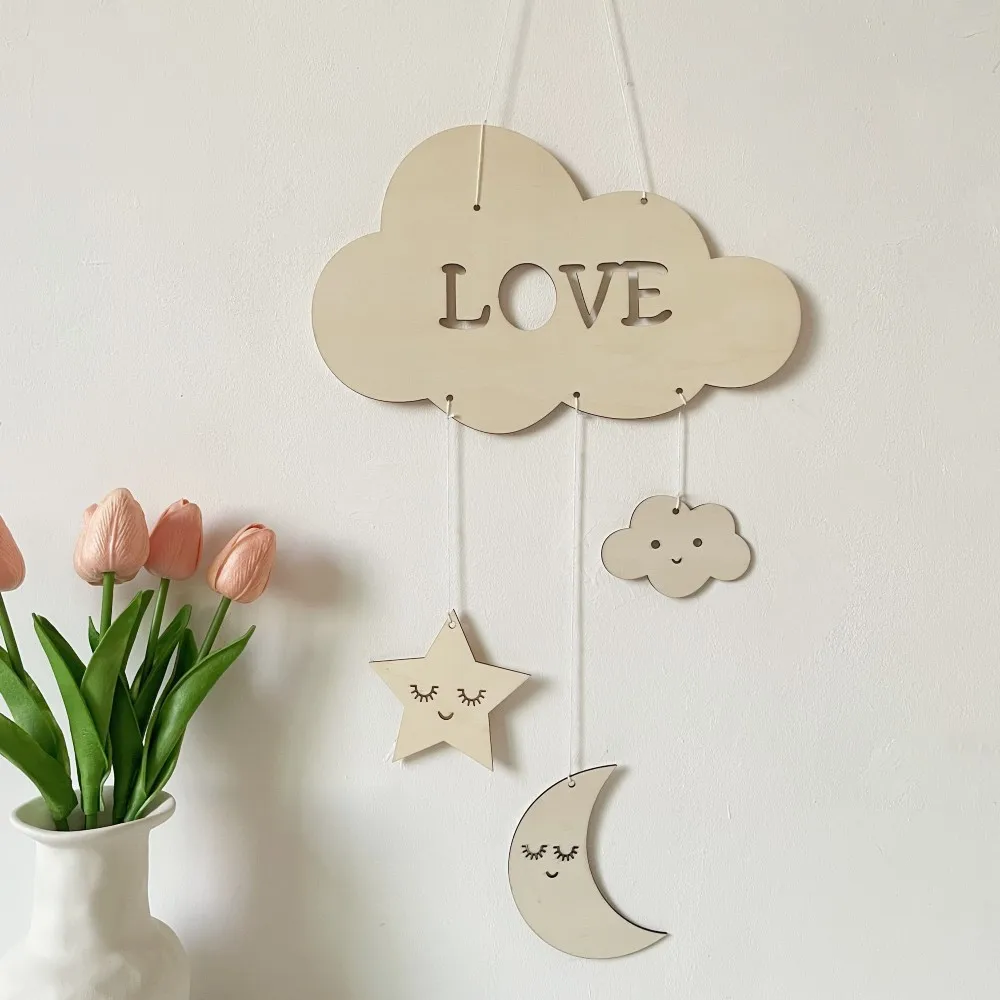

Spot Kindergarten Clouds Moon Stars Home Decoration Creative Children Chapter Eyelashes Wooden Handicrafts Wind Chimes Pendant