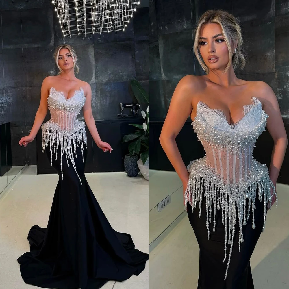 

Fashion Mermaid Evening Dresses For Women Sweetheart Neck Sleeveless Gown Pearls Beading Lace Sweep Train Dress Party Customized