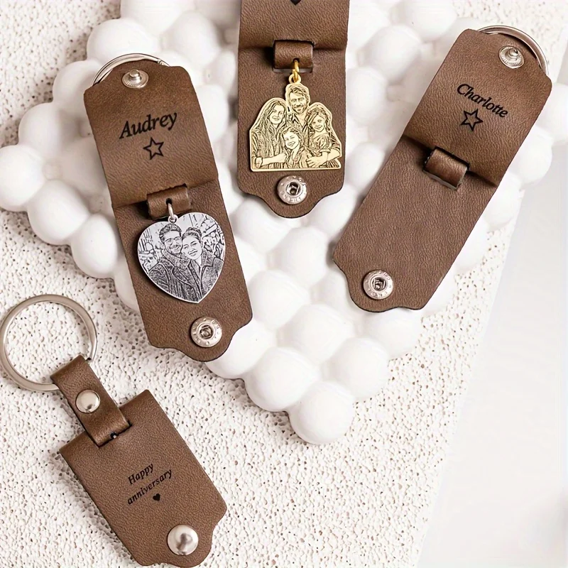 Custom PU Leather Family Photo Keychain Engraved Name Date Gift For Father Couple Valentine Christmas - view 2
