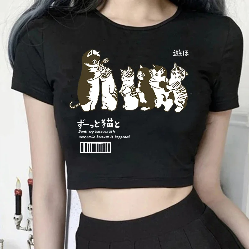 Aesthetic Crop Top Y2k 90s Funny Cute Cat T Shirt Women Shirt Harajuku Graphic Ulzzang T-shirt 90s Tshirt Top Tee Female Cropped