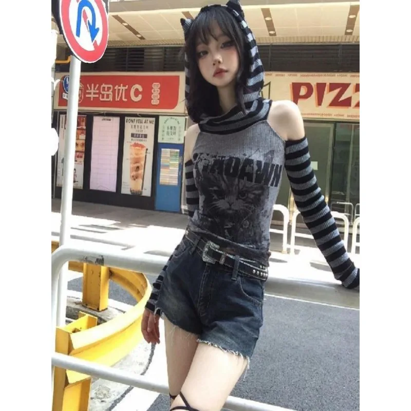 Vintage Animal Print Sexy Slim Thread Long-Sleeved T-Shirt Women 2025 Autumn New High Street Contrast Color Striped Casual Tops