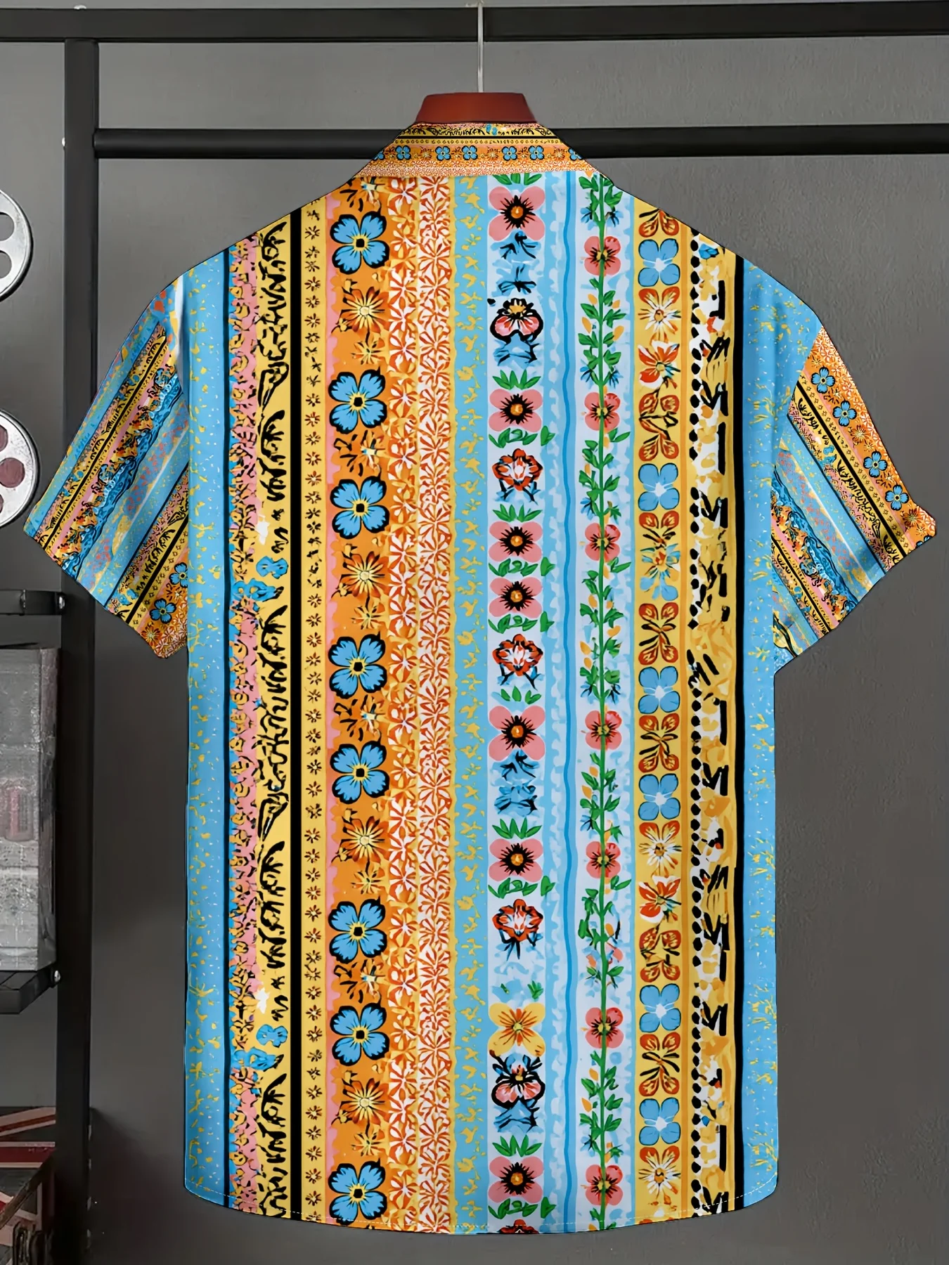 Men Short Sleeve Button Down Shirt Bohemian Colorful Vertical Stripe Floral Print Polyester Lapel Collar Beach Vacation
