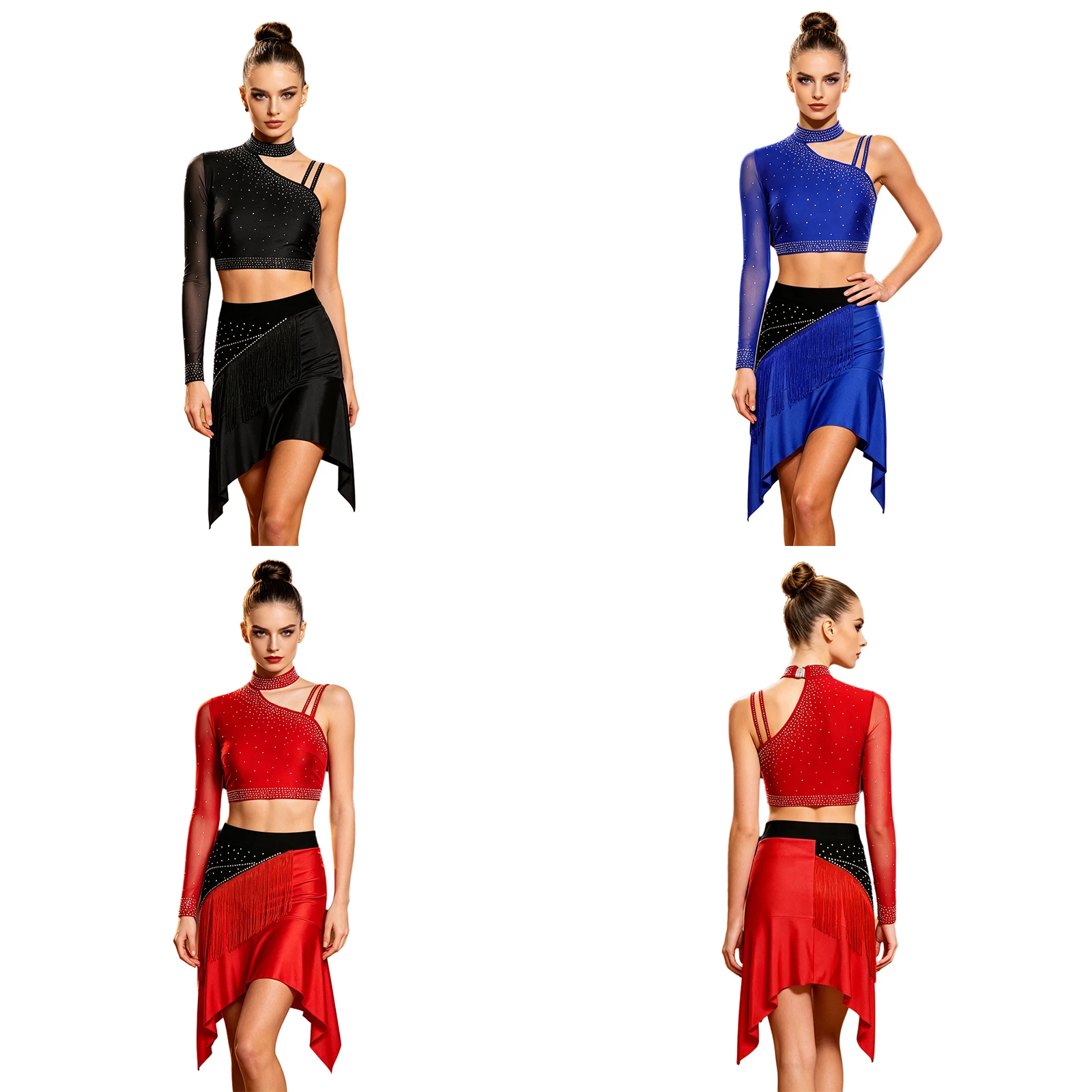 

Women Latin Tango Dance Outfit Single Sleeve Rhinestone Crop Top with Tassels Skirt Salsa Cha Cha Samba Rumba Ballroom Costume