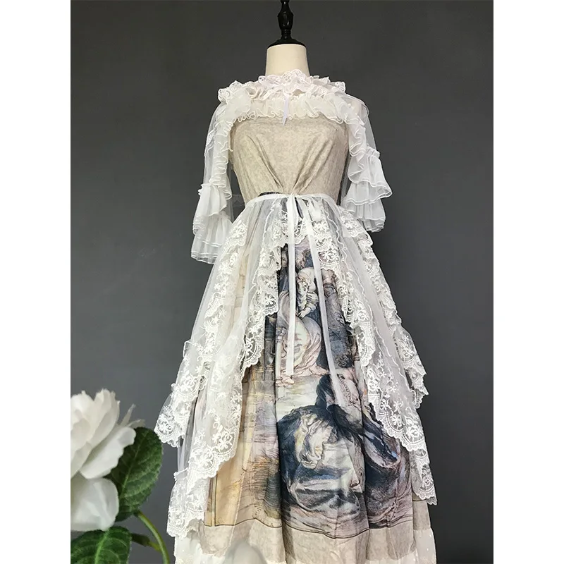 Dophee Multifunctionele Lolita Jsk Overrok Perspectief Elegante Kanten Splitsing Cover Rokken Halflange Hoge Taille Ruches Fee Rokken