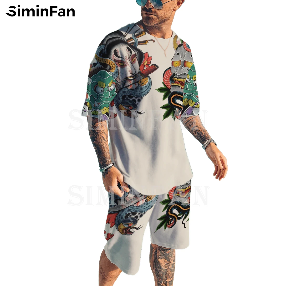 Geisha Samurai Oni Tattoo 3D Printed Male Suit Men T-Shirt Beach Shorts Set Summer Casual Tee Top Tracksuit Two-Piece Sportswear