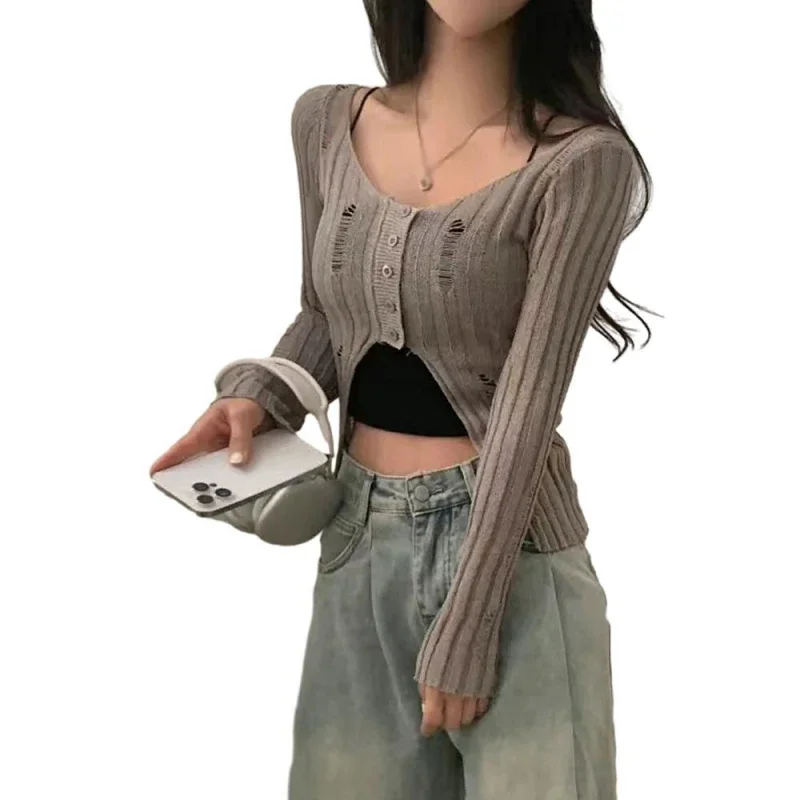 Autumn Spring The Original Torn Slit Slim Fashion Thin Long-sleeved Knit Blouse Sunscreen Top Gray One-size-fits-all