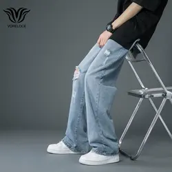 Bahar ve yaz yeni stil ince yırtık kot kore sokak moda gevşek Denim pantolon Baggy mavi rahat pantolon