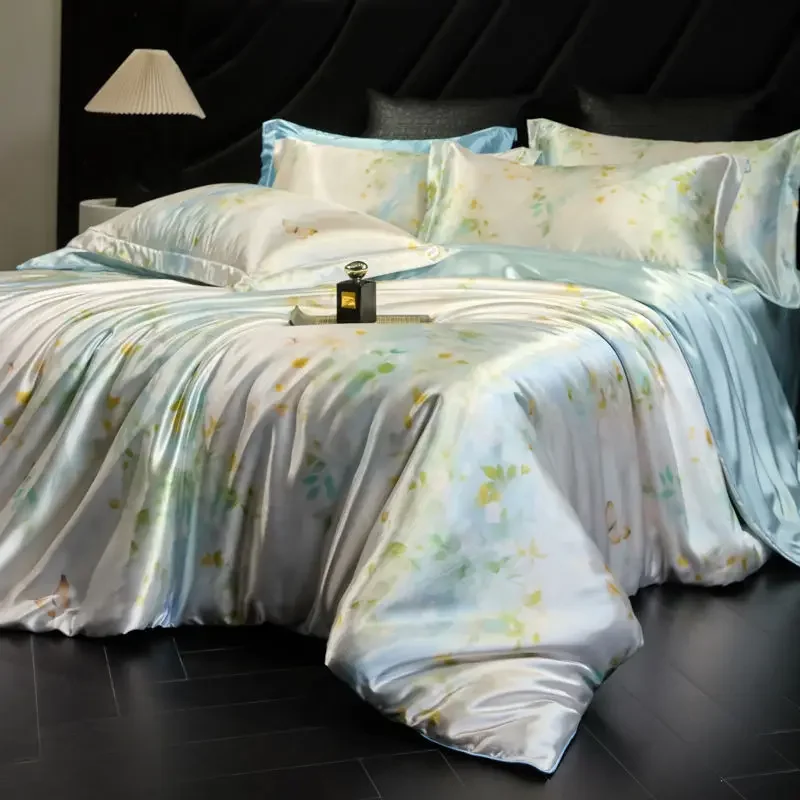 Spannbettwäsche-Set aus 100 % natürlicher Maulbeerseide, 3D-gedruckter Satin, kühlendes Bettbezug-Set für den Sommer, Einzel- und Doppelbett-Set