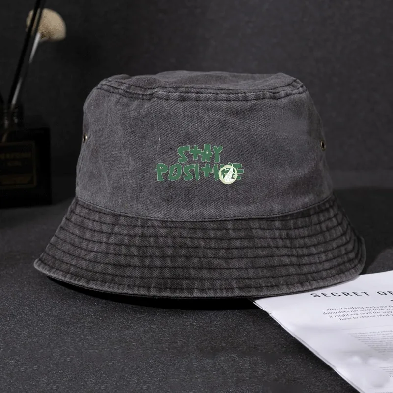 Vintage Washed Distressed Bucket Hat Stay Positive Slogan Print Positive Mindset Cap Unisex Cotton Fisherman Streetwear Sun Hats