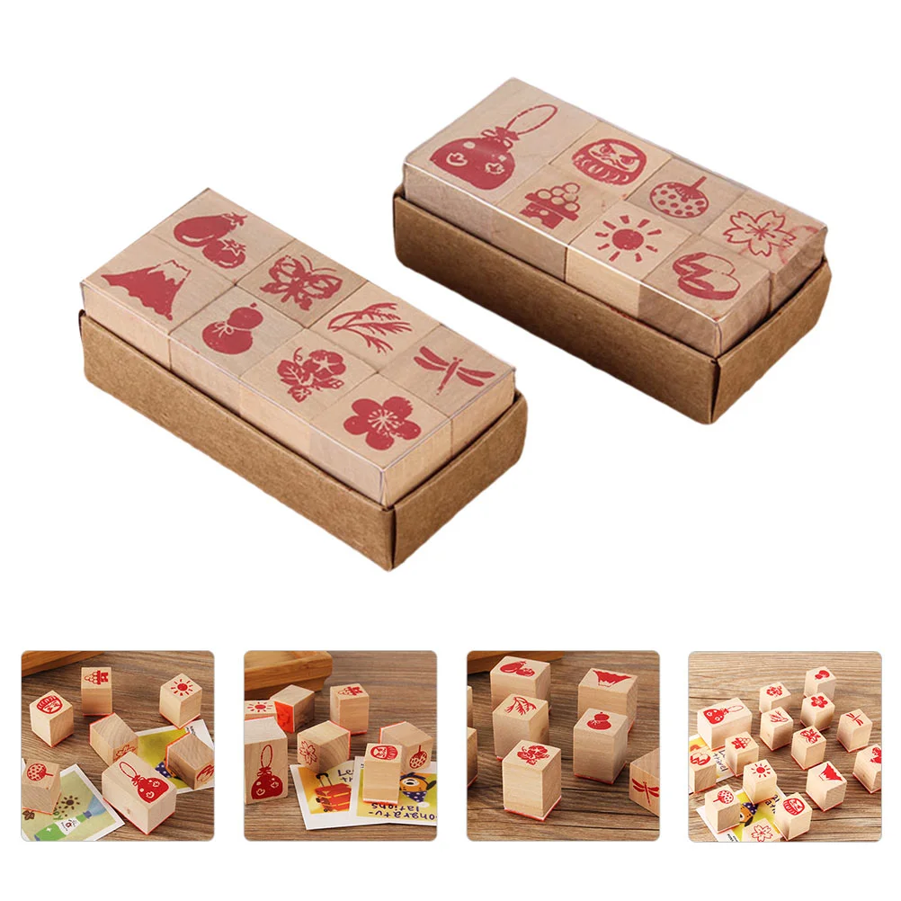 2 Sets Seal Decor DIY Planner Stamp Crafts Making Stamps Wooden Scrapbook Japanese Pattern Hand Account Creative