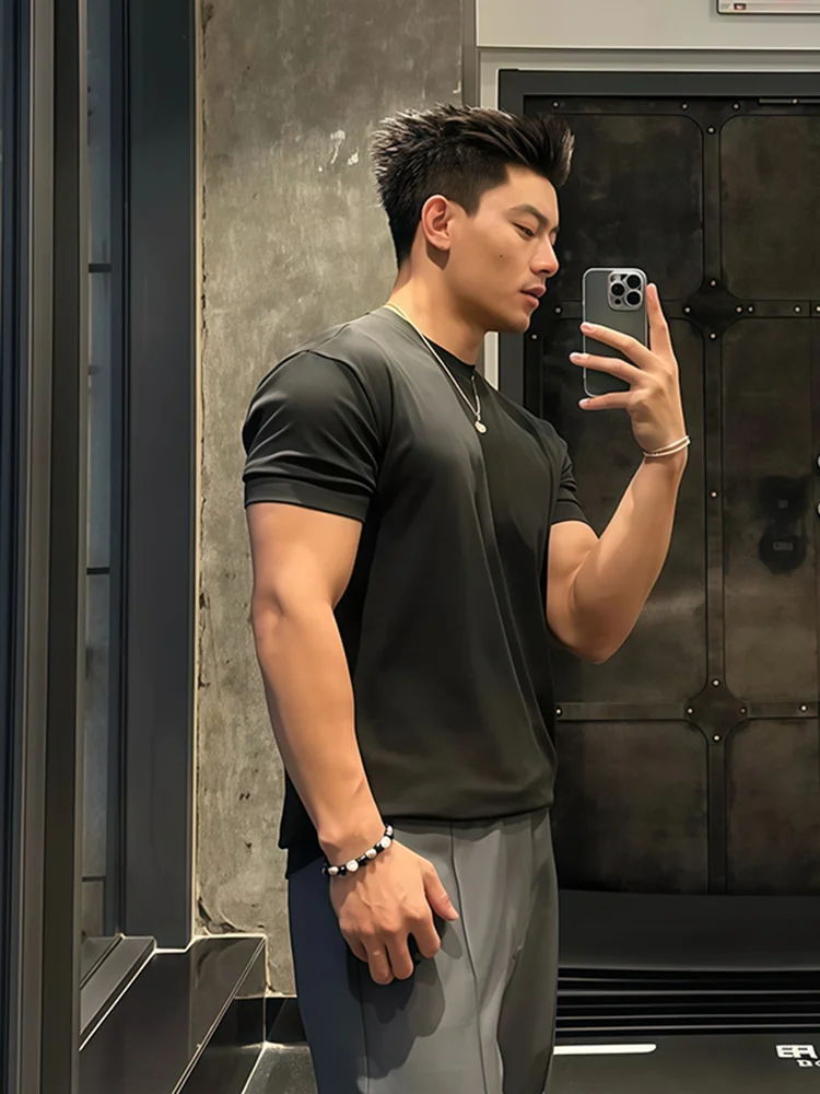 

American Sle ort Sve T-irt Muscle Elastic Sports Tee Quarter Length for Fitn Training Summer Youth Casual Wear