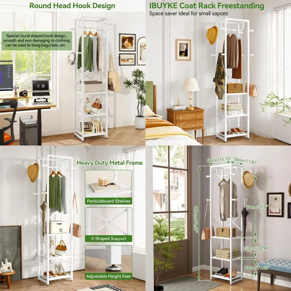 

White Industrial-Style Hall Tree with 3 Shelves and 8 Hooks for Entryway or Bedroom Storage