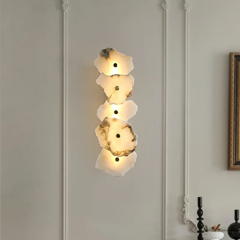 Spanish Copper Base LED Wall Lamps Multi-head Irregular Marble Lampshade Modern Bedroom Restaurant Kitchen Living Room Sconces
