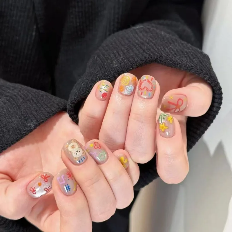 

10pcs Handmade Press on Nails Short Oval Painted Glass Bead Love Bear Flower for Women&Girl Removable Wearable False Nail Art