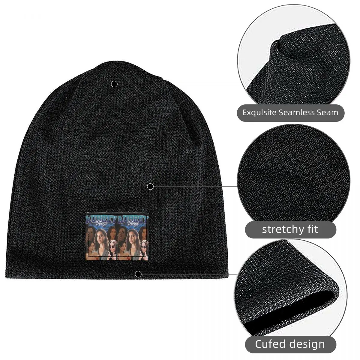 Aubrey Plaza Retro Style Waffle Knit Fleece Lined Beanie with PU Leather Patch Unisex Warm Winter Soft Cap