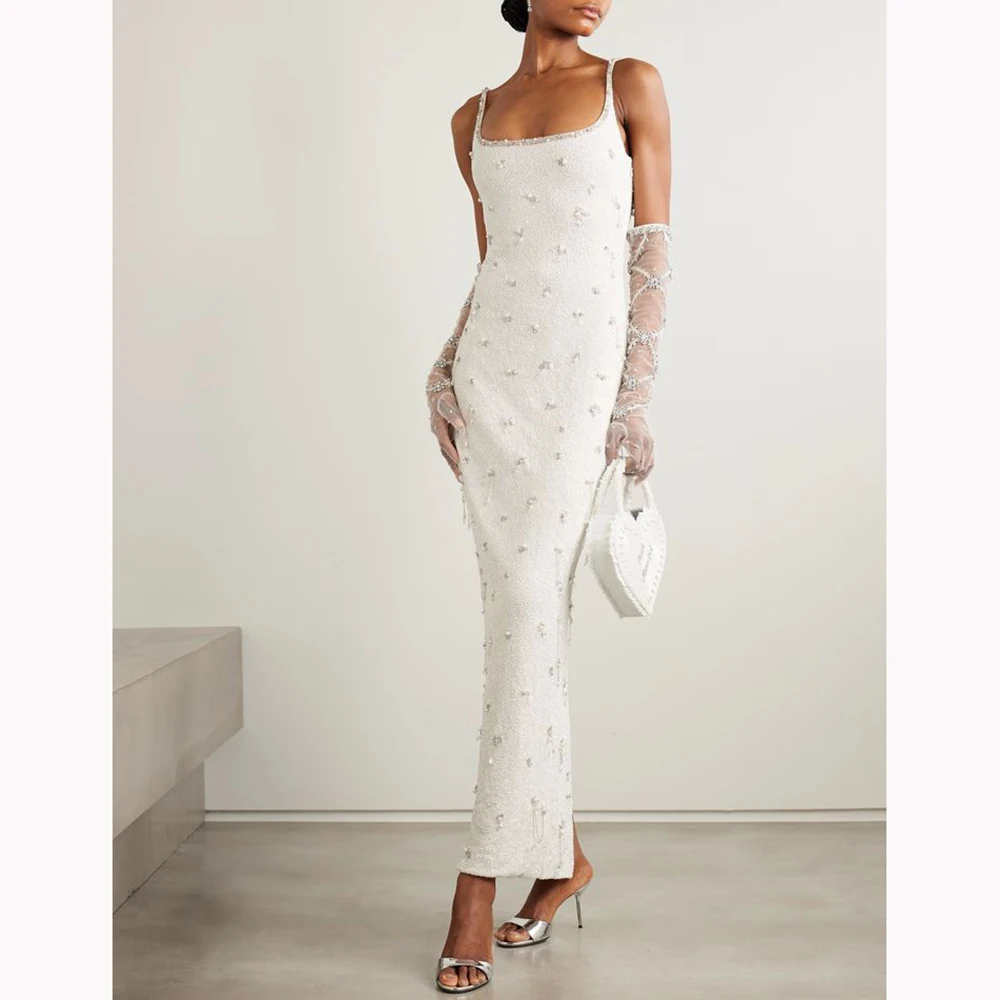 

Customized Women Dresses Square Collar Sleeveless Slim Sheath Gowns Formal Elegant Luxury Pearl Diamond Evening Party Dresses