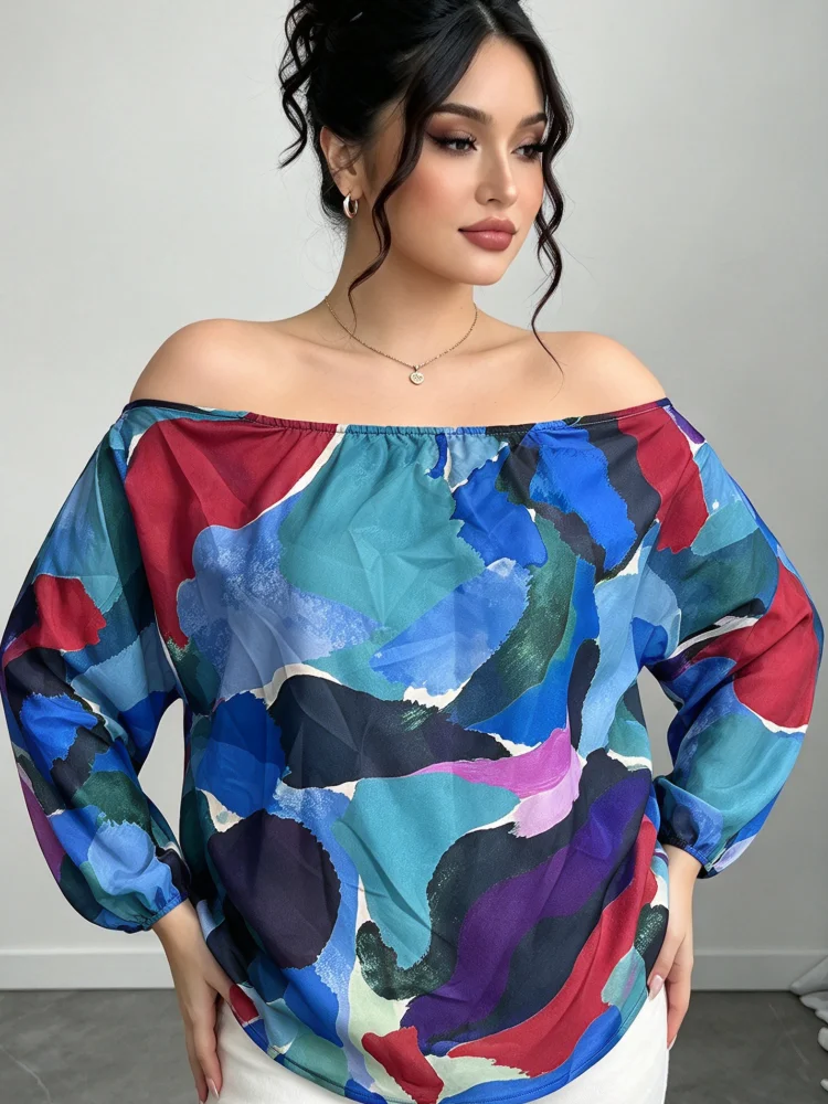 Plus Size Women Blouse Off Shoulder Long Sleeve Oil Painting Print Loose Casual Top Elegant Daily Party Vacation Shirt