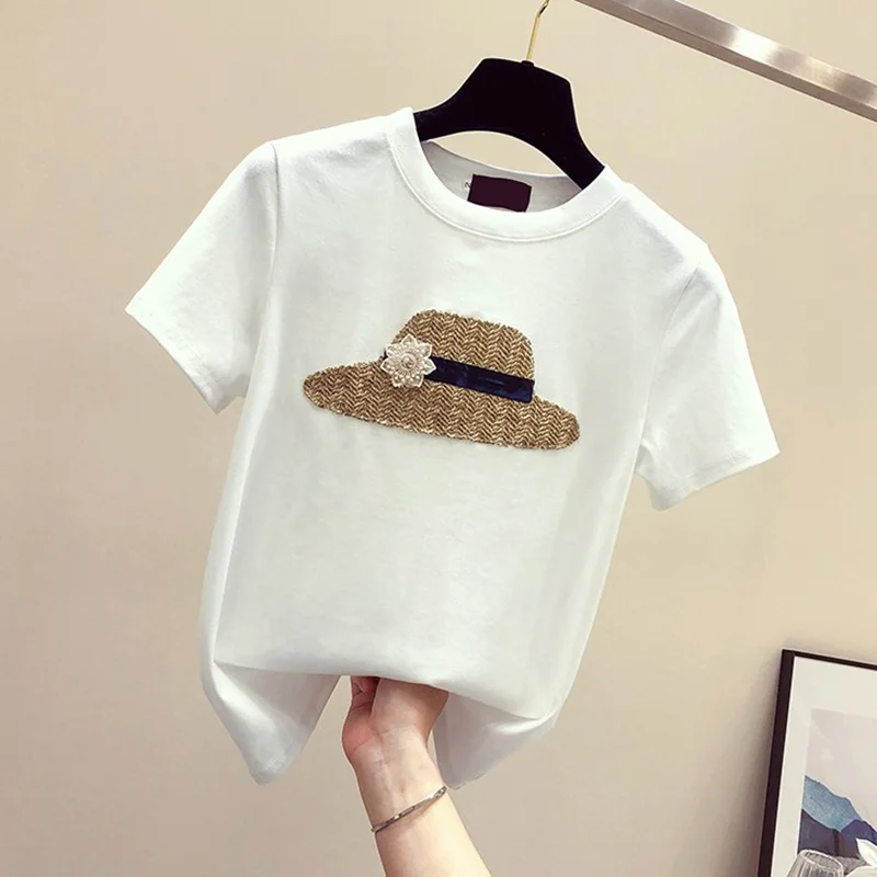 2023 Summer Women Cotton Tshirt Ladies Pattern Tee Shirts Comfortable Round Neck White Female Tops