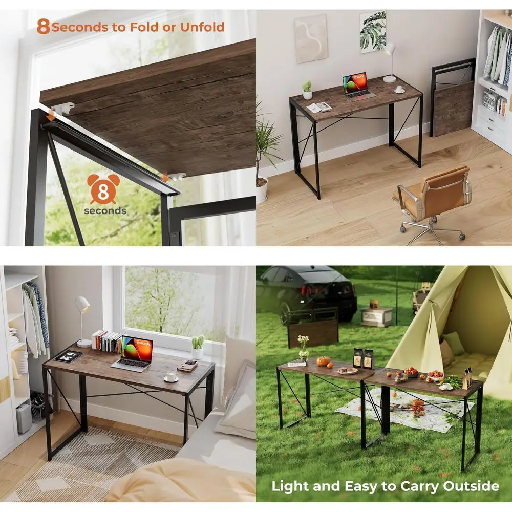 

Space-Saving Foldable Computer Desk, 39.4 Brown Writing Desk with No Assembly Needed for Home Office