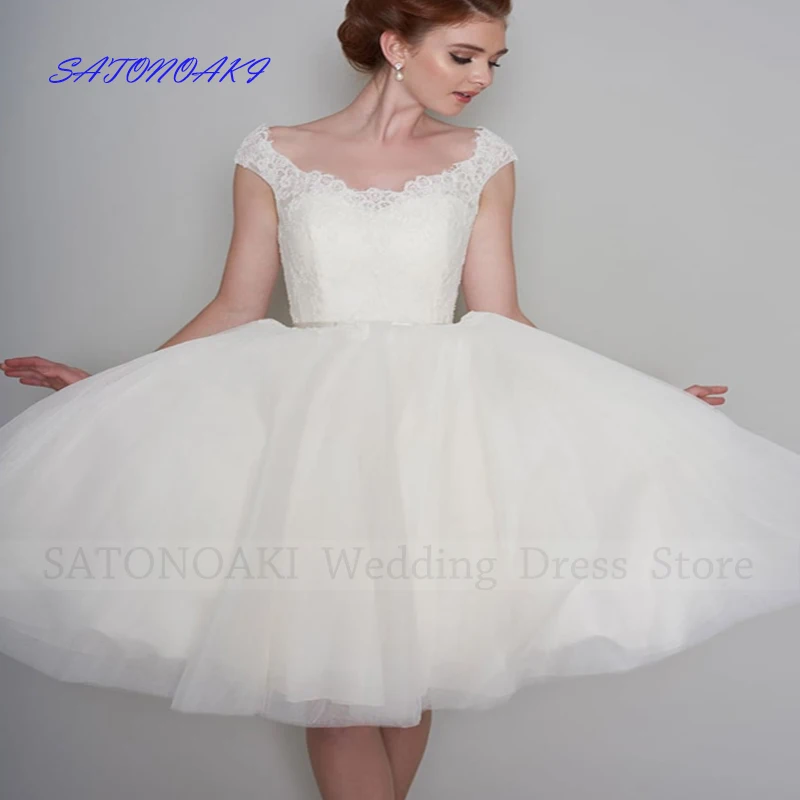 

Elegant Lace Short Wedding Dress for Women Scoop Neck Tea Length A-Line Applique Bridal Gown Vestido De Novia Robe Mariée Custom