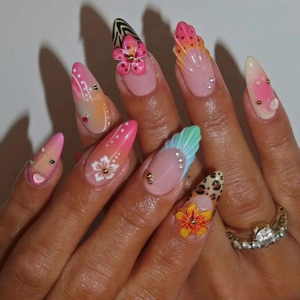 

24pcs 3D Self-adhesive Stick-on Nails Almond Press Ons Nails Summer Flower Sweet Nail Tips Medium Cheap aesthetic false Nails