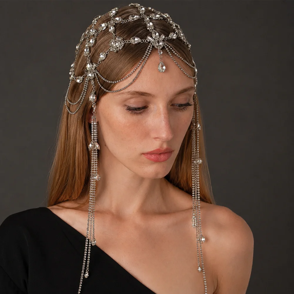 Crystal Rhinestone Head Chain Layered Tassel Crown Forehead Headpiece Bridal Hair Jewelry for Women Wedding Prom Party Festival