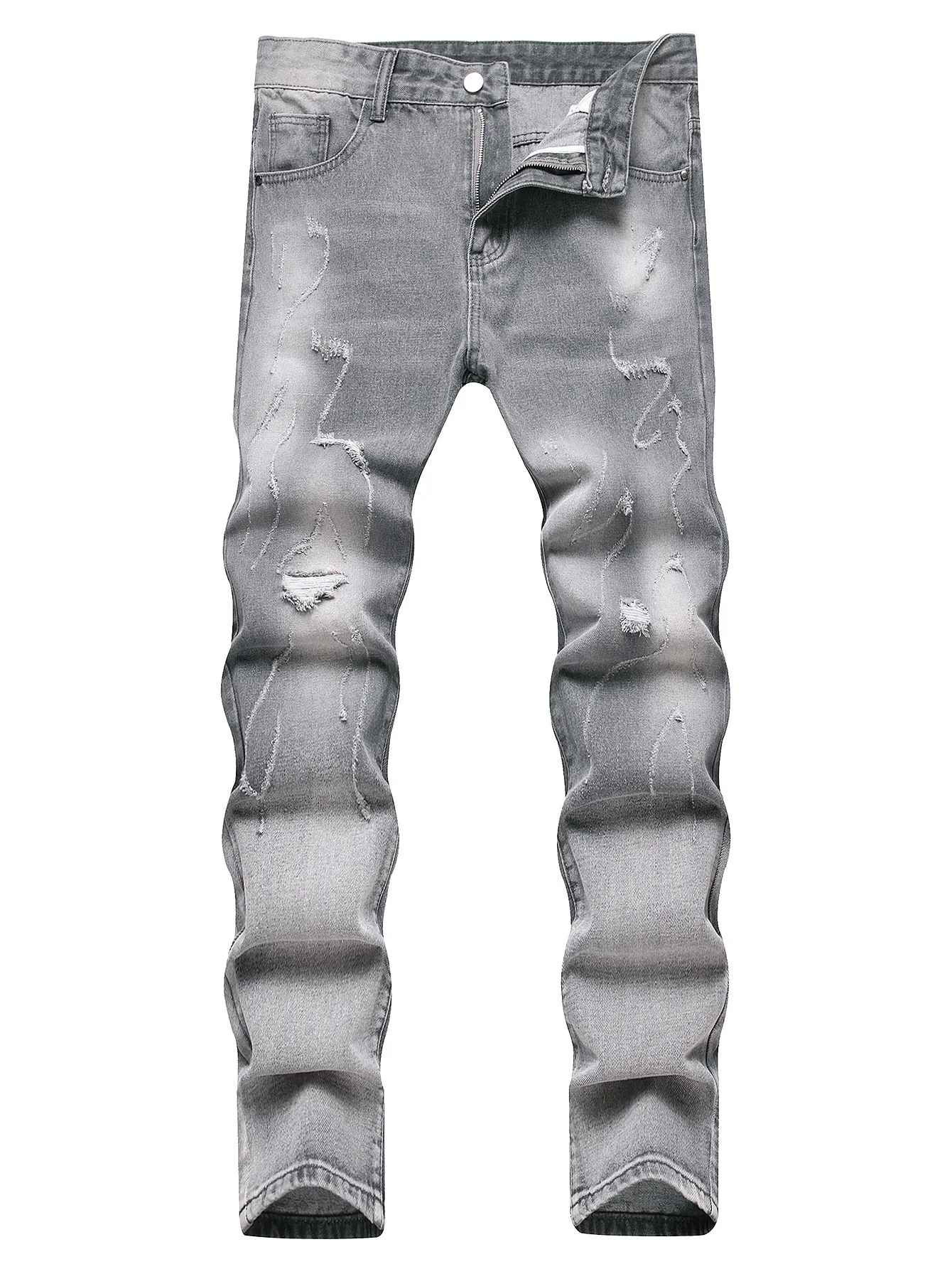 

Gray Casual Straight Leg Jeans Mid-Waist Tear Hole Long Pants for Men No Elasticity European American Style Youth Fashion