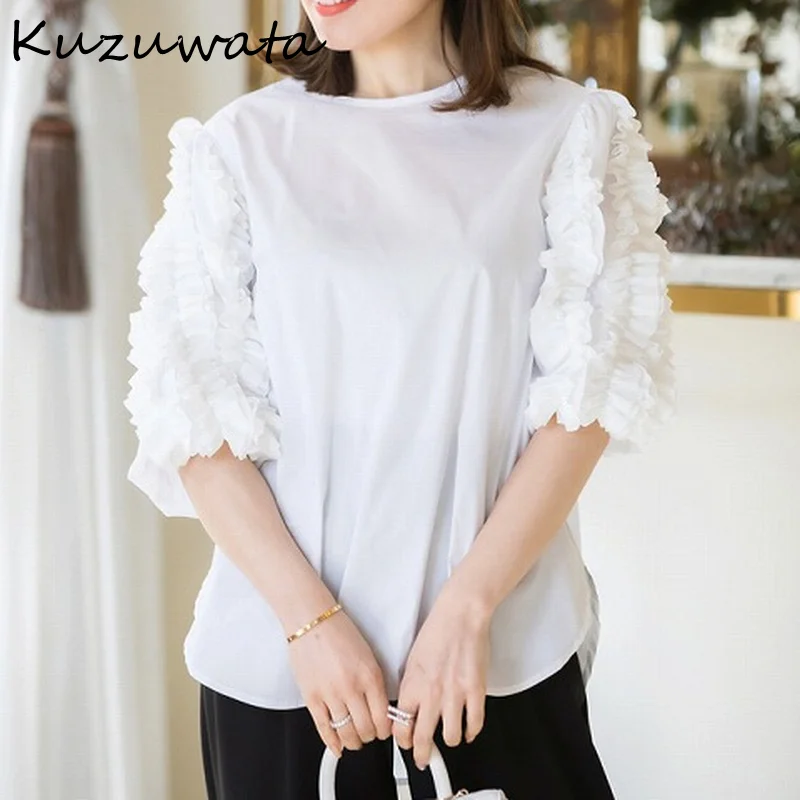 Kuzuwata Laciness Bladerdeeg Mouw Zoete Shirts Simple Alle Match Temperament Mujer Blusas Vrouwen Zomer Nieuwe Japanse Stijl Blouse