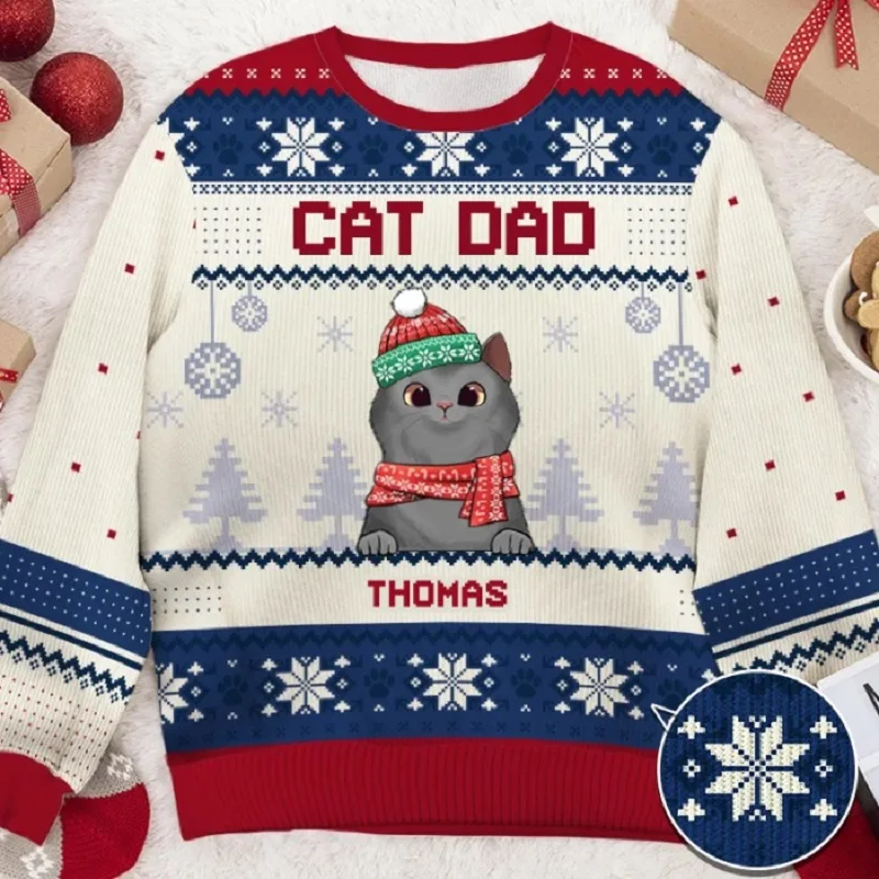 Pull de Noël imprimé chat de dessin animé 3D pour hommes, pull Père Noël, haut, impression 3D, automne, hiver, cadeau